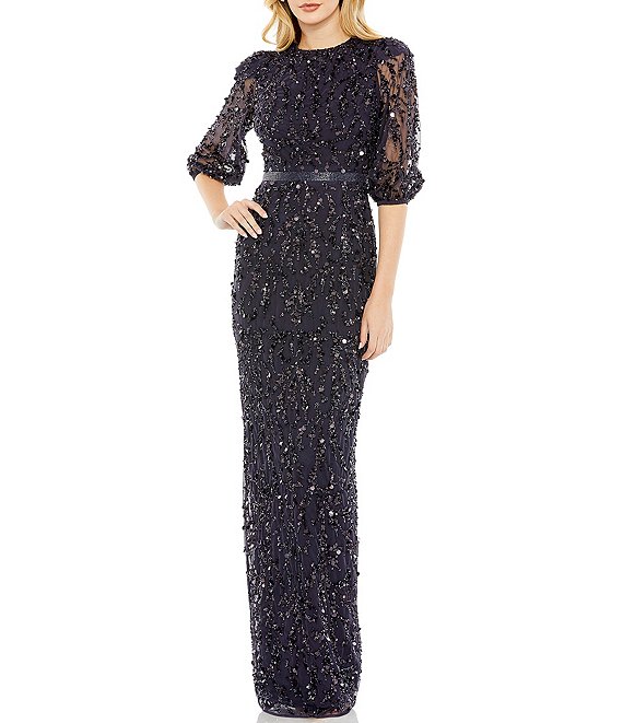 Mac Duggal Sequin Illusion Puff Elbow Sleeve Gown Dillard's