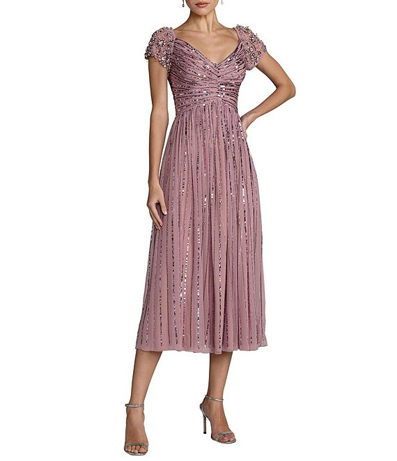Mac Duggal Sequin Mesh Midi Dress With Beaded Short Sleeves