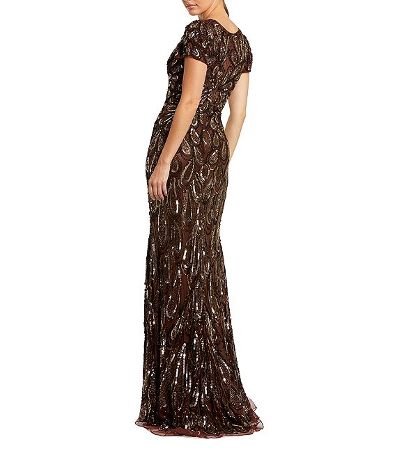 mac duggal brown sequin dress Mac Duggal Women's Embellished Cap Sleeve Gown - Charcoal