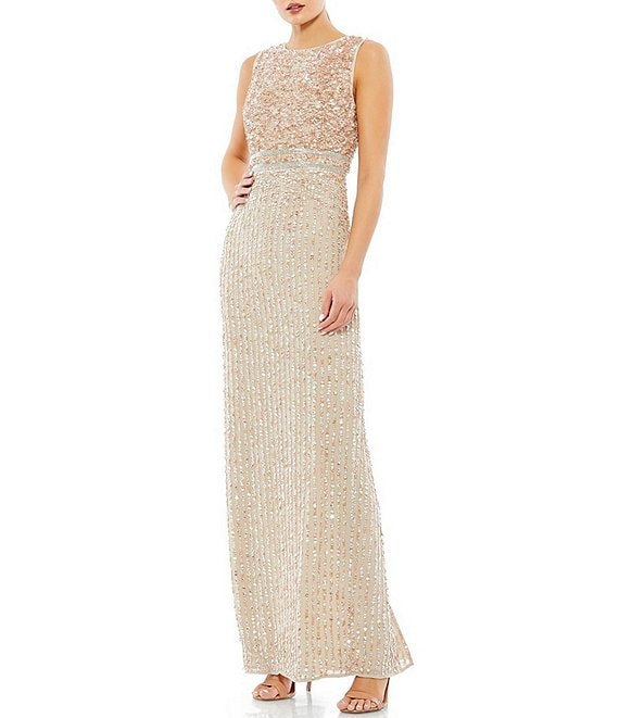 Color:Nude - Image 1 - Sequin Sleeveless High Crew Neck Back Slit Sheath Gown