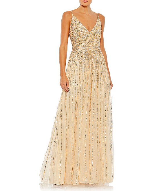 Mac Duggal Sequin Sleeveless Surplice V Neck Wrap Over A-Line Gown ...