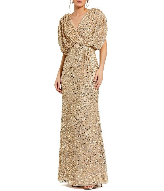 Mac Duggal Sequin Surplice V Neck Draped 3 4 Sleeve Blouson Bodice Sheath Gown Dillard s