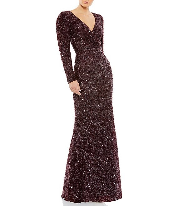 Mac Duggal Sequin Surplice V-Neck Long Puff Sleeve Faux Wrap Gown ...