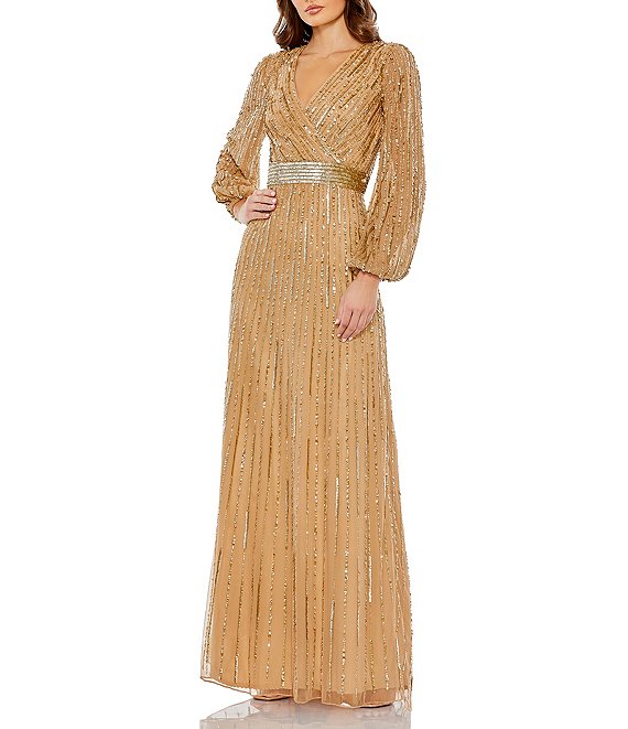 Color:Gold - Image 1 - Sequin Surplice V-Neck Long Puff Sleeve Gown