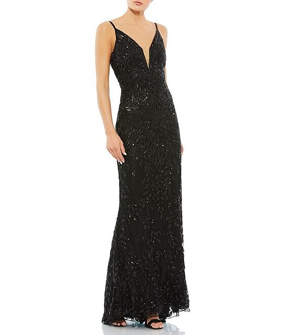 mac duggal sequin leaf plunging sheath gown