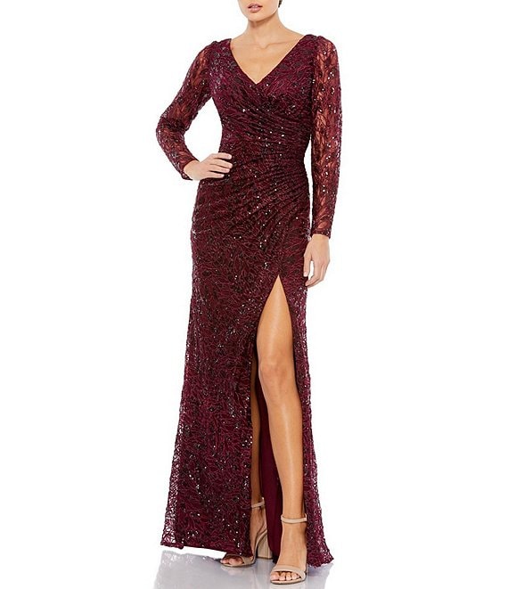 Mac Duggal Sequin V Neck Long Sleeve Thigh High Slit Faux Wrap Gown