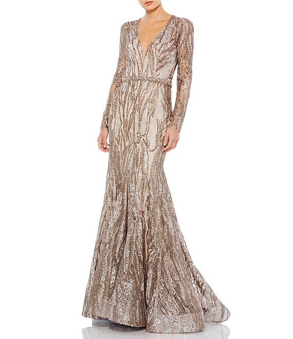 Mac Duggal Sequin V-Neck Long Sleeve Mermaid Gown | Dillard's