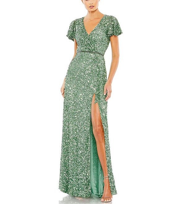 Mac Duggal Sequin V-Neck Short Flutter Sleeve Front Slit Gown | Dillard's