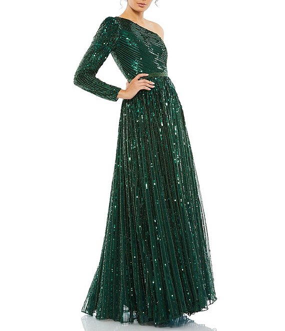 Mac Duggal Sequined Tulle One Shoulder Long Sleeve A Line Gown