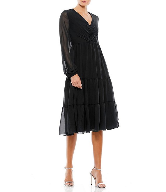 Color:Black - Image 1 - Sheer Long Sleeve Ruched Surplice V-Neck Tiered Midi Dress