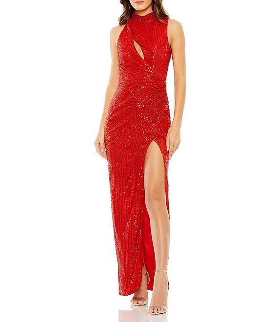 Mac Duggal Sleeveless High Neck Gathered Waist Sequin High Slit Gown ...