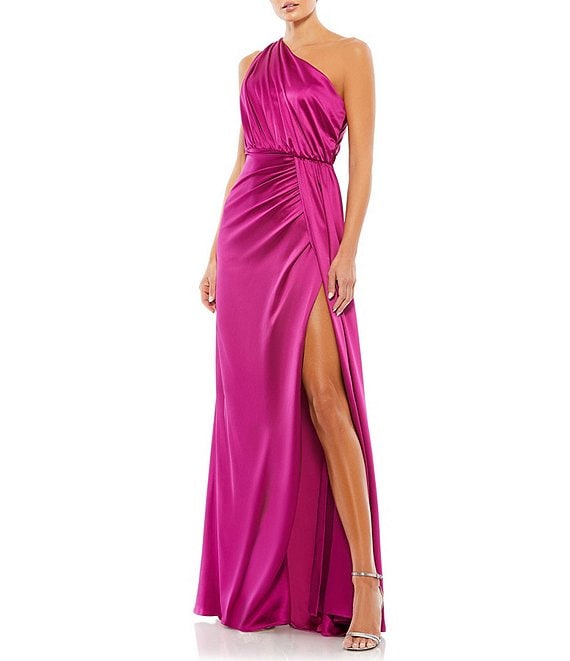 Mac Duggal Sleeveless Pleated One Shoulder Thigh High Slit Satin A-Line ...