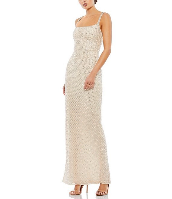 Mac Duggal Square Neckline Sleeveless Beaded Sheath Gown | Dillard's