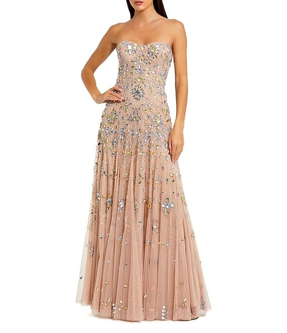 Mac Duggal Strapless Sweetheart Multi Color Beaded Mesh Sheath Gown, Light Rose - Image 1