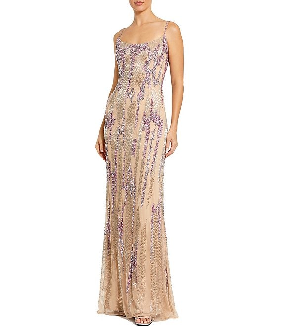 Mac Duggal Thin Strap Sequin Mesh Long Gown