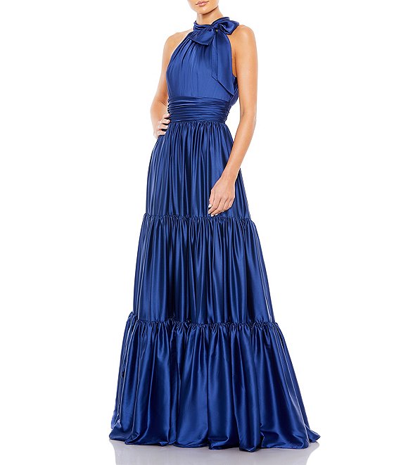 Mac Duggal Tiered Ruffle Bow Tie Halter Neck Sleeveless Gown Dillards