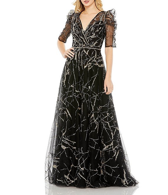 Mac Duggal Tulle Gathered Puff Short Sleeve Beaded Faux Wrap Gown ...