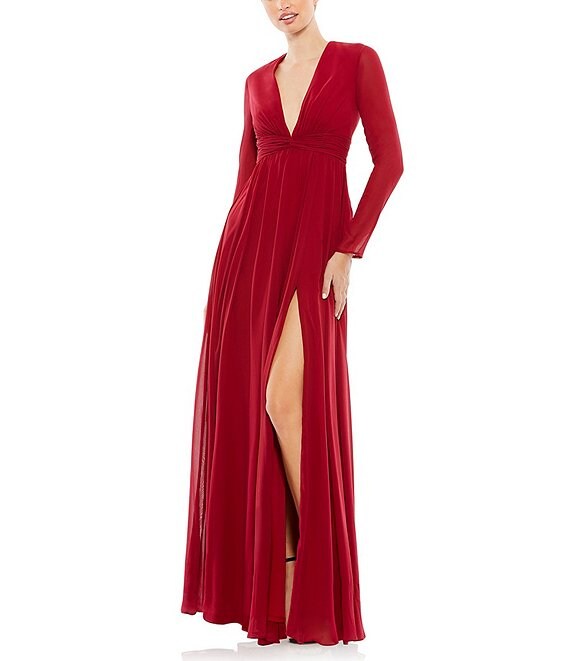 LauraGalic V-Neck Long Dress with High Leg Slit, Long Sleeves Pleated Gown | Adelina