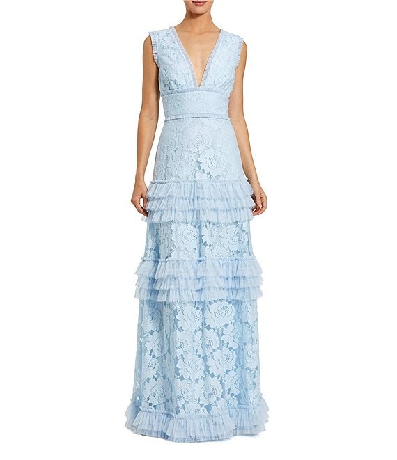 Mac Duggal V Neck Lace Tiered Ruffle Gown