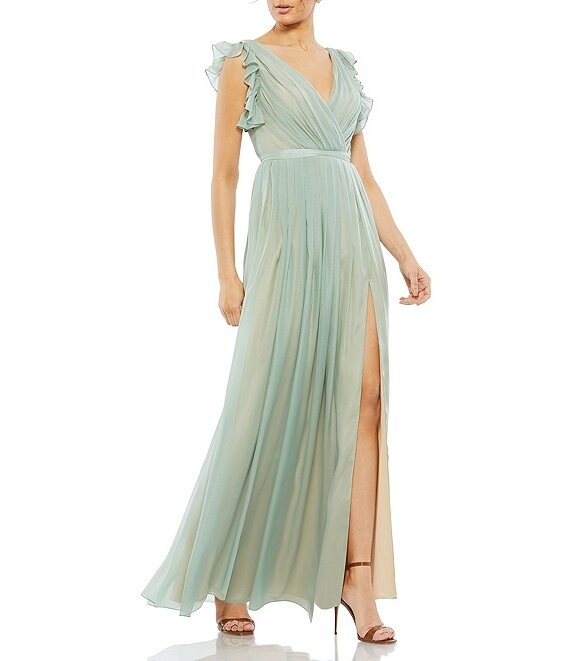 Mac Duggal V-Neck Ruffle Cap Sleeve A-Line Slit Gown | Dillard's