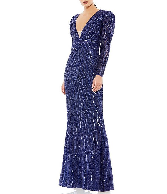 mac duggal sequin leaf plunging sheath gown
