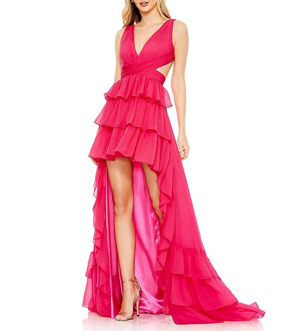 Mac Duggal V-Neck Sleeveless Side Cut Out Back Detail Tiered Ruffle ...