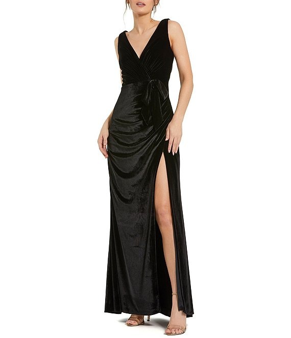 Mac Duggal Velvet Deep V Neck Sleeveless High Slit Draped Sheath Dress