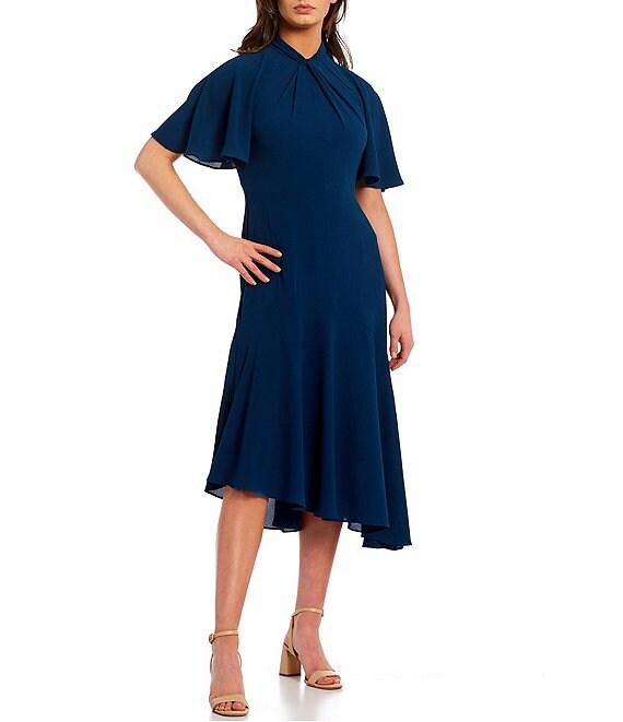 Color:Dark Denim - Image 1 - Asymmetrical Hem Crepe Short Sleeve Twist Mock Neck Midi Stretch Dress