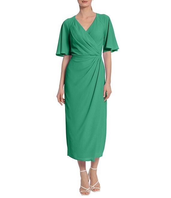 Color:Agate Green - Image 1 - Draped Faux Wrap Short Flutter Sleeve Surplice V-Neck Pebble Crepe Midi Dress