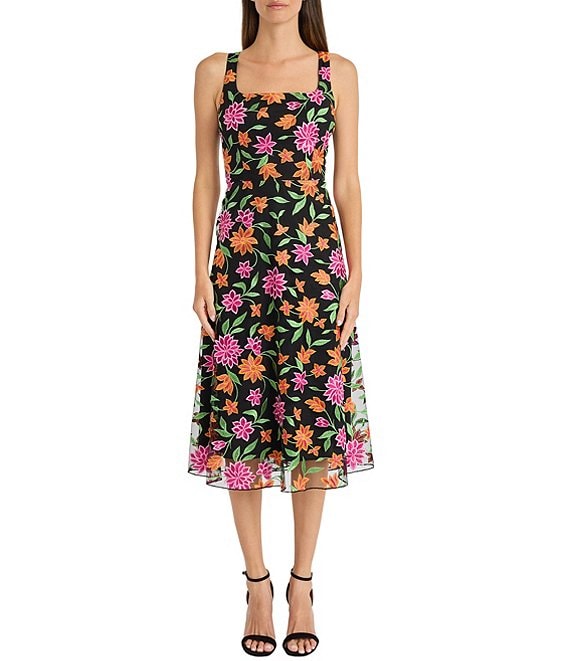 Maggy London Embroidered Square Neck Sleeveless Midi Dress | Dillard's