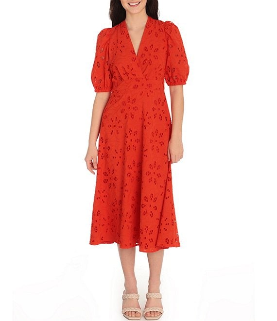 Color:Oxy Fire - Image 1 - Eyelet Short Puff Sleeve A-Line Midi Dress