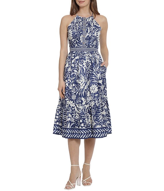 Maggy London Floral Print Halter Neck Sleeveless Midi Dress | Dillard's