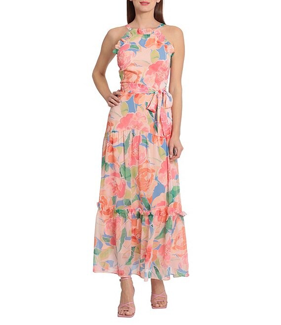 Maggy London Floral Print Ruffle Trim Tie Waist Tiered Midi Dress ...