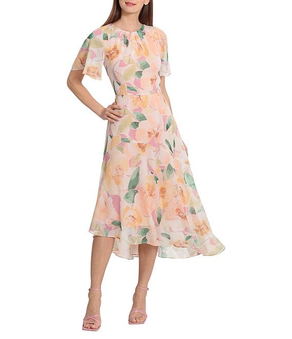 Floral Short Sleeve Asymmetrical Hem Midi Dress