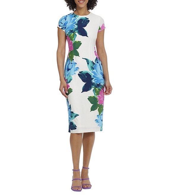 Maggy London Floral Print Stretch Cap Sleeve Midi Sheath Dress | Dillard's