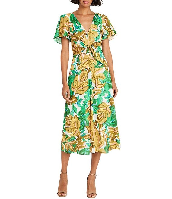 Maggy London Printed Cotton Voile V-Neck Short Sleeve Midi Dress ...