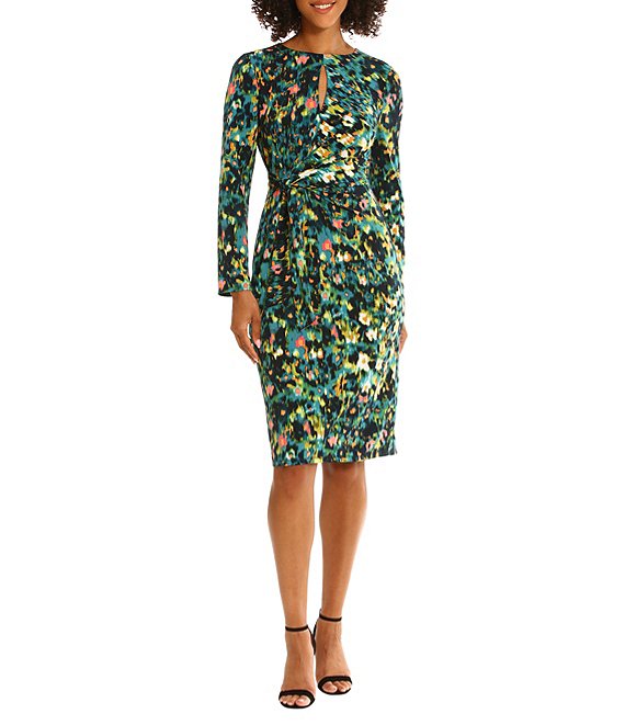 Maggy London Printed Keyhole Neck Long Sleeve Sheath Twisted Waist Dress