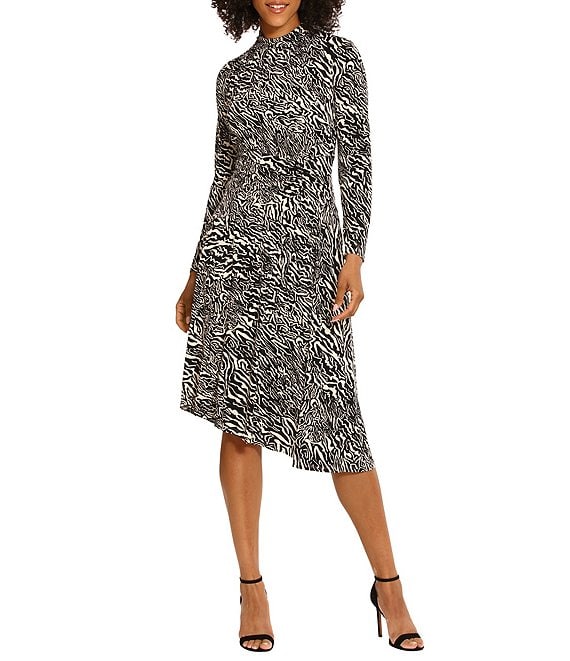Color:Charcoal/Cream - Image 1 - Printed Mock Neck Long Sleeve Draped Asymmetrical Hemline Dress