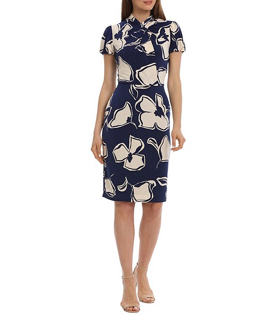 Maggy London Printed Stretch Twisted Mock Neck Short Sleeve Dress ...