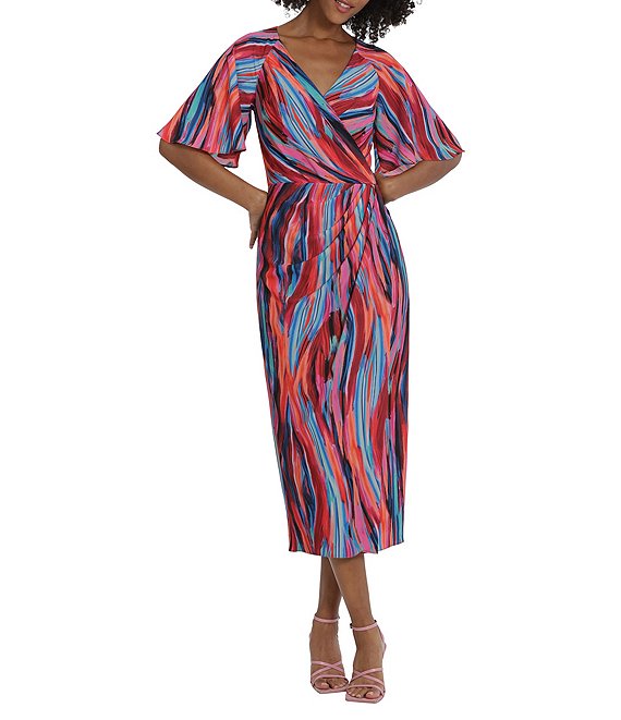 Color:Navy/Burgundy - Image 1 - Printed Surplice V-Neck Short Sleeve Faux Wrap Midi Dress