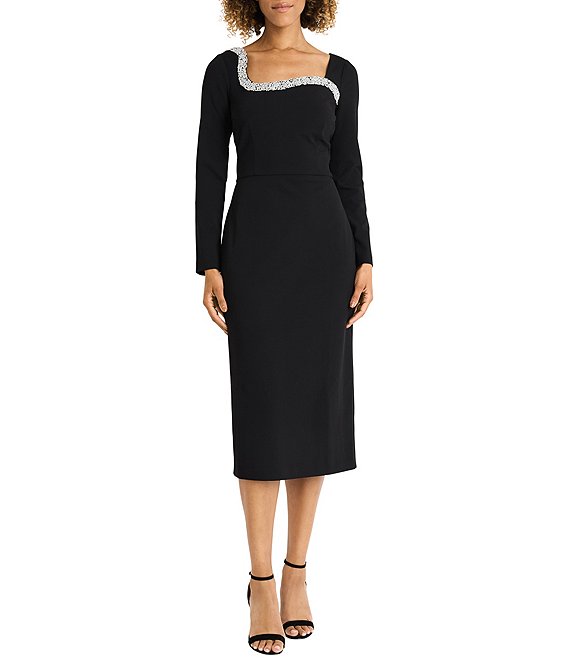 Maggy London Scuba Crepe Bodycon Embellished Square Neckline Long Sleeve  Midi Dress | Dillard's