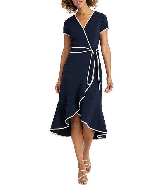 Maggy London Scuba Crepe Contrast Trim V Neck Short Sleeve Tie Front Wrap Midi Dress