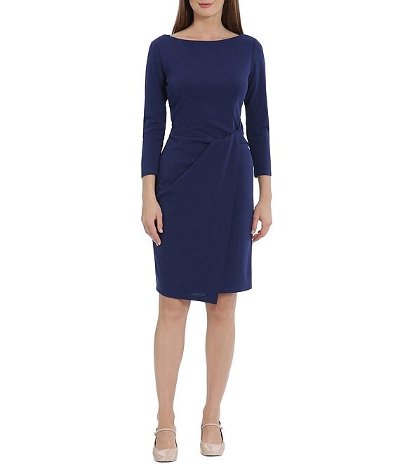 Maggy London Stretch Crepe Boat Neck 3/4 Sleeve Draped Dress | Dillard's