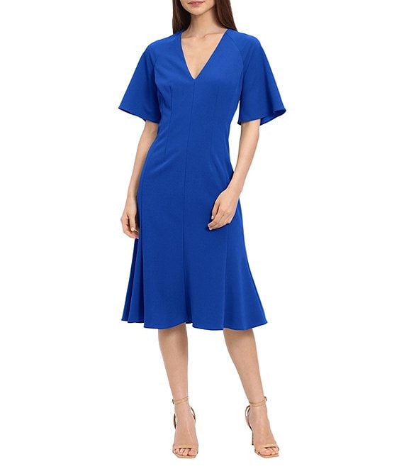 Color:Blue Sapphire - Image 1 - Stretch Crepe V-Neck Short Flutter Sleeve Dress