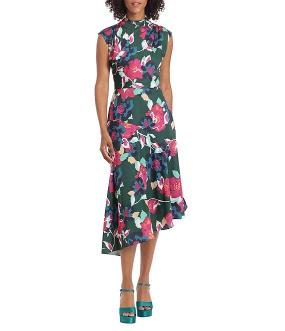 Maggy London Stretch Floral Print Mock Neck Cap Sleeve Keyhole Back ...