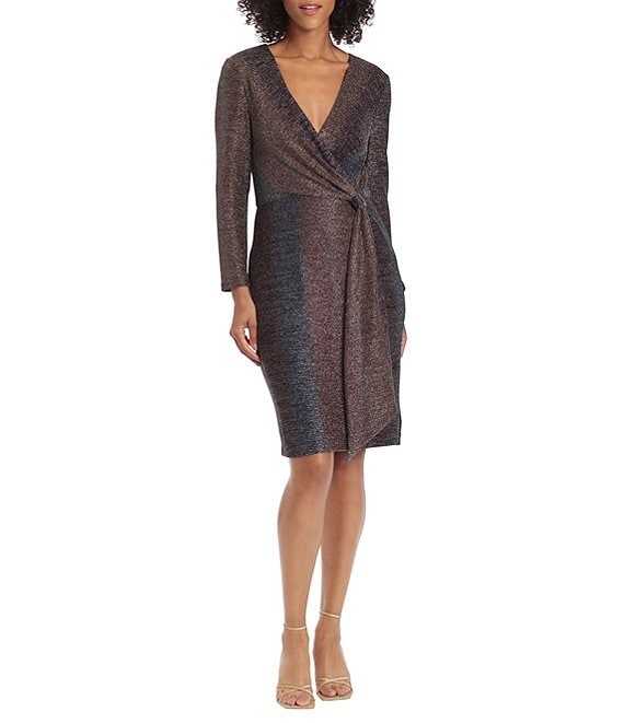 Color:Bronze - Image 1 - Stretch Metallic Long Sleeve Surplice V-Neck Faux Wrap Dress