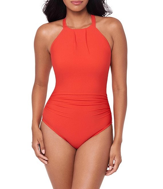 Magicsuit Amelia Solid High Neck Hidden Underwire Bra Open Portrait Back One Piece Swimsuit