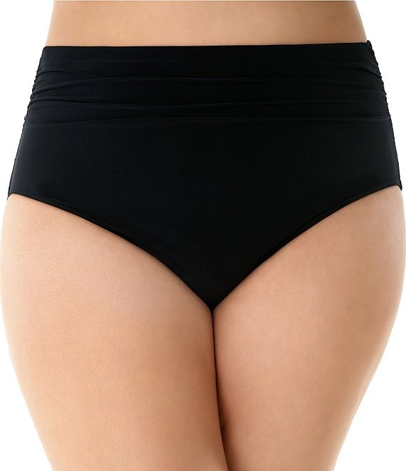 Color:Black - Image 1 - Plus Size Jersey Control Fit Shirred Brief Swim Bottom