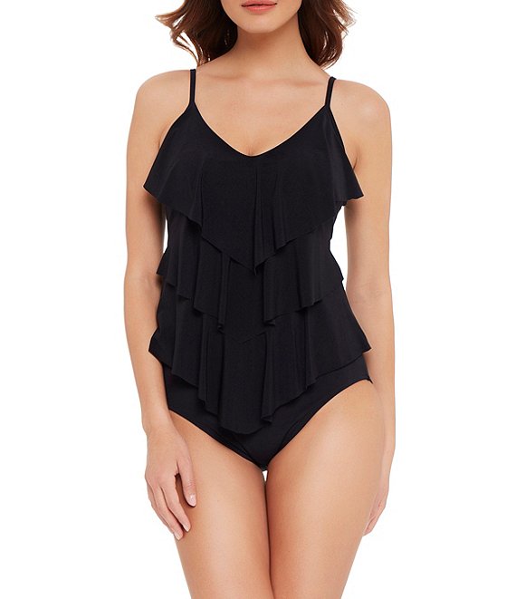 Magicsuit Rita Solid V-Neck Ruffle Tankini Swim Top & Solid Jersey Brief Shirred Swim Bottom