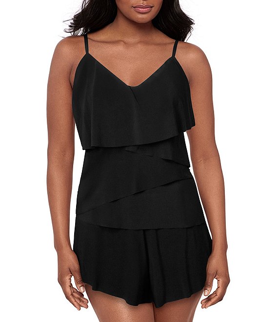 Magicsuit Solid Chloe V-Neck Draped Layered Tankini Swim Top & Solid Jersey Brief Shirred Swim Bottom